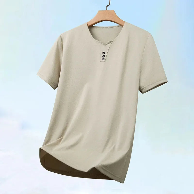 Three Button V-neck T-shirt Men 2026 New Men's Business Casual Short Sleeve Tshirt Korean Style Summer Comfortable Versatile Top