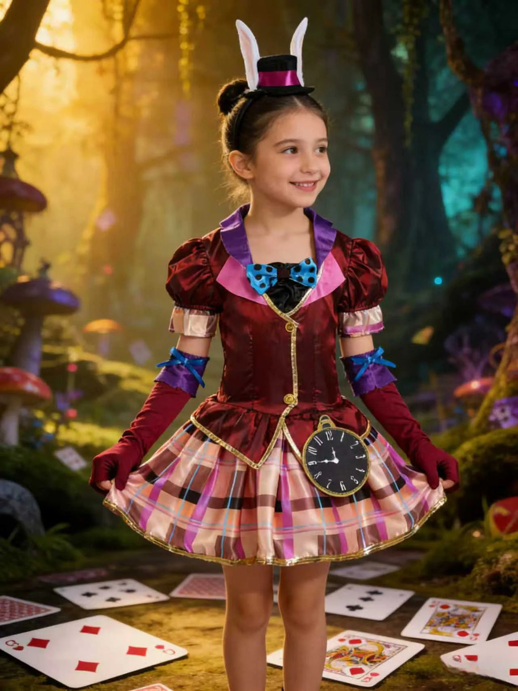 Girls' Burgundy Multi-Piece Outfit: 1 Girl's Dress with Bow Decoration + 1 Small Hat with Ear-Shaped Headband + 1 Pair of Gloves with Bow Rings, Suitable for Girls' Carnival, Halloween, and Various Holiday Party Performances.