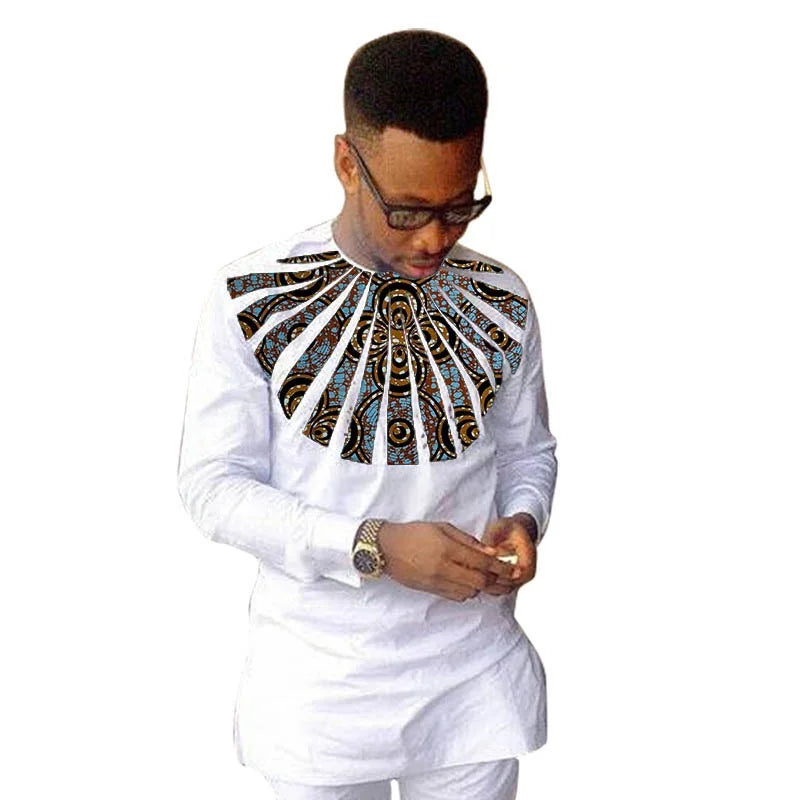 Nigerian Fashion White Men's Shirts O-Neck Modern Design Sector Patchwork Tops Customized African Wedding Party Wear