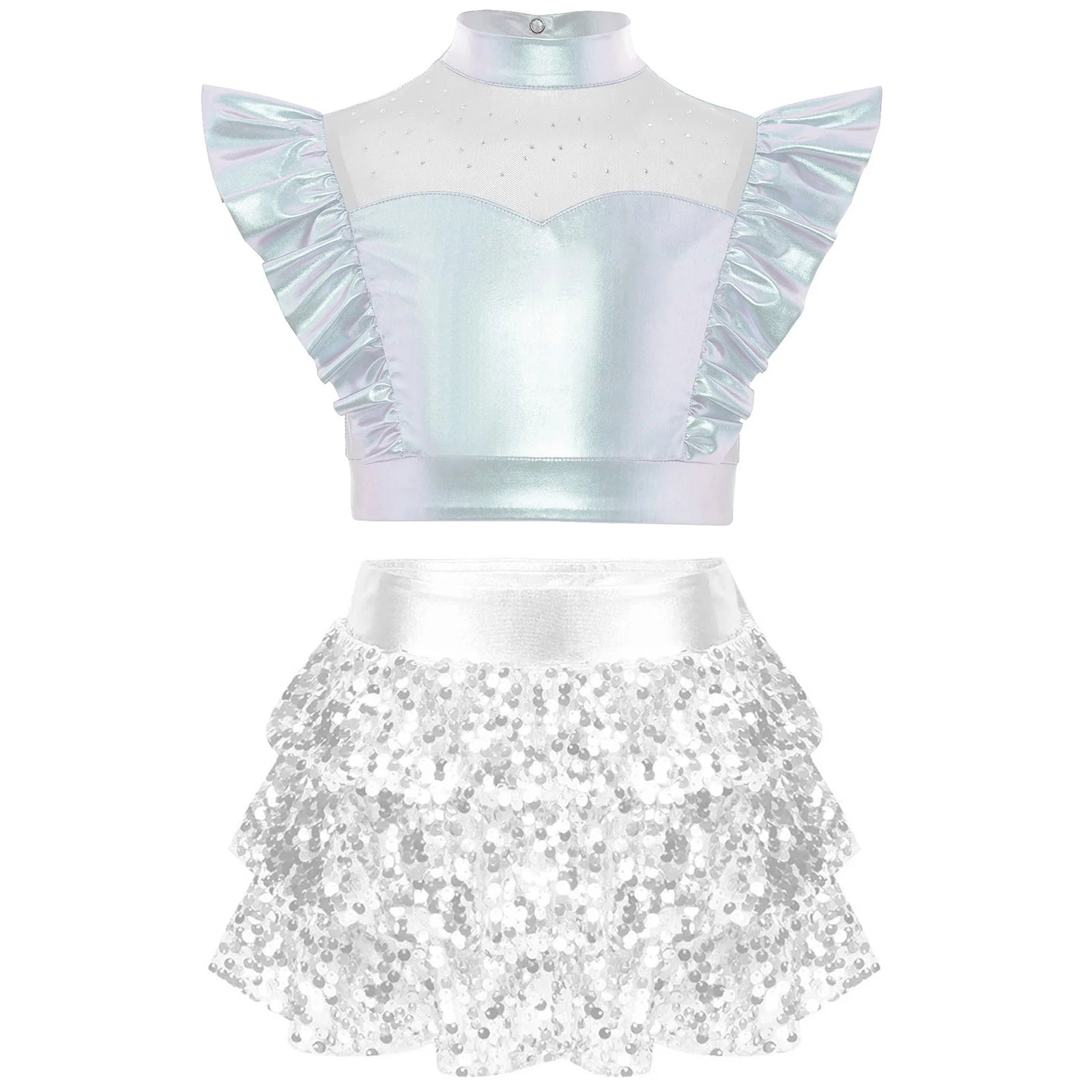 Kid Girls Hip Hop Dance Clothes Kids Jersey Sequin Tiered Skirt Long Tank Top Jazz Metallic Holographic Crop To Cheerleading Set