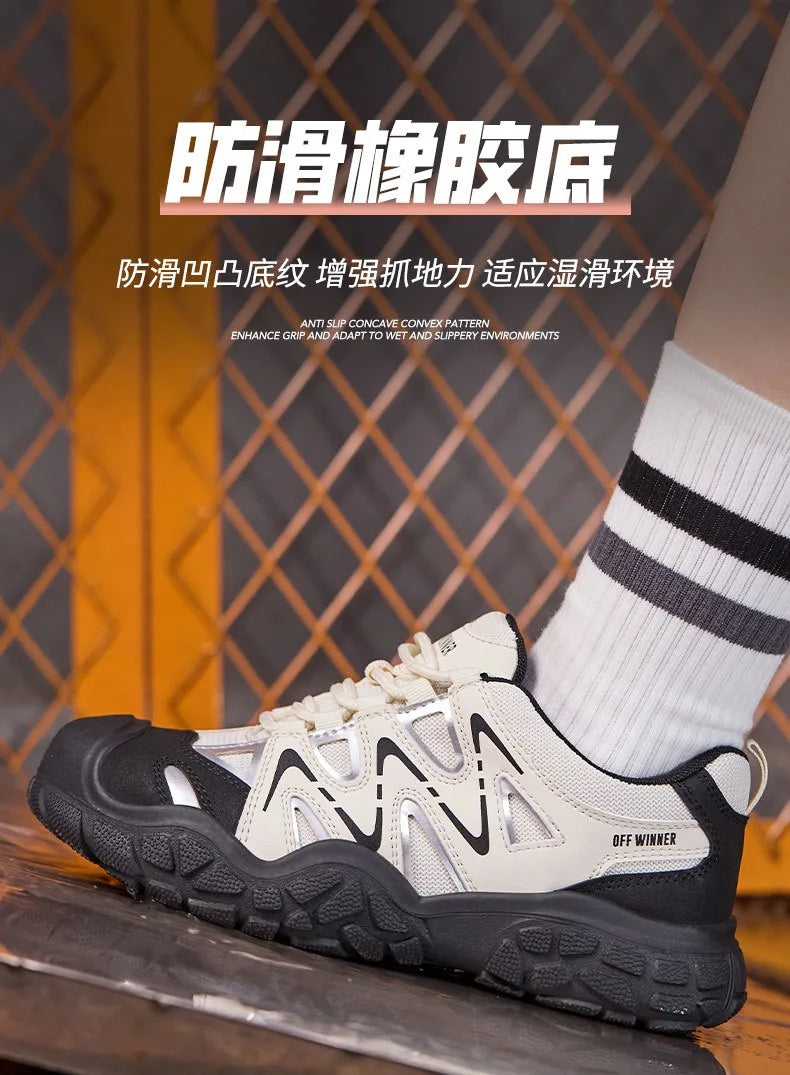 Women's safety shoes with steel toe caps, anti smashing and anti puncture rotating buttons, no tie up, hot selling shoes