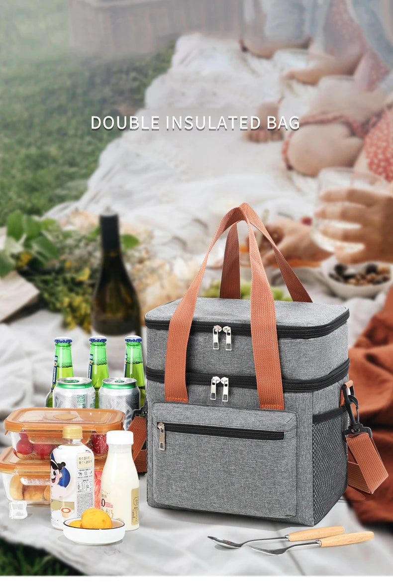 Thermal Lunch Bag Double Layers Large Capacity Lunch Boxes Bags Portable Crossbody Picnic Food Drink Storage Bag Cooler Tote New