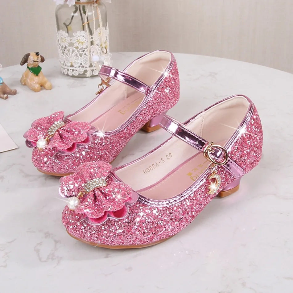 Classic Bow Girl Pu Leather Shoes For Girls Party Dance Children Shoes 3-14 Years Princess High Heels Child Wedding Shoes HSD09