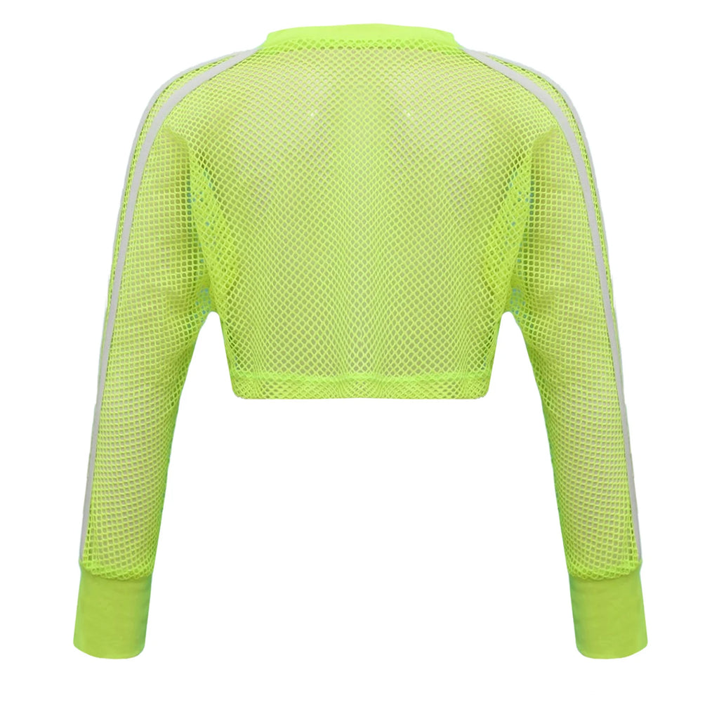 Kids Girls Fishnet T-shirt Hip Hop Street Dance Tops Long Sleeve Round Neck Hollow Out Mesh Crop Top for Workout Gym Sportswear