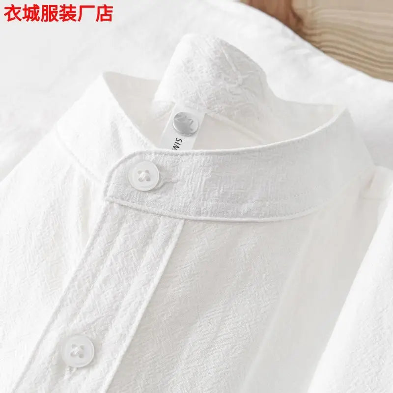 2026 Japanese Stand-up Collar Short-sleeved Shirt Men's Henry Collar Cotton Linen Round Neck Five-point Sleeve T-shirt