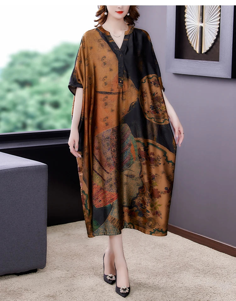 Mulberry Silk Dresses Women's New Summer Long Dress Female Fashion Loose V- Neck High-End Print Pullover Dresses