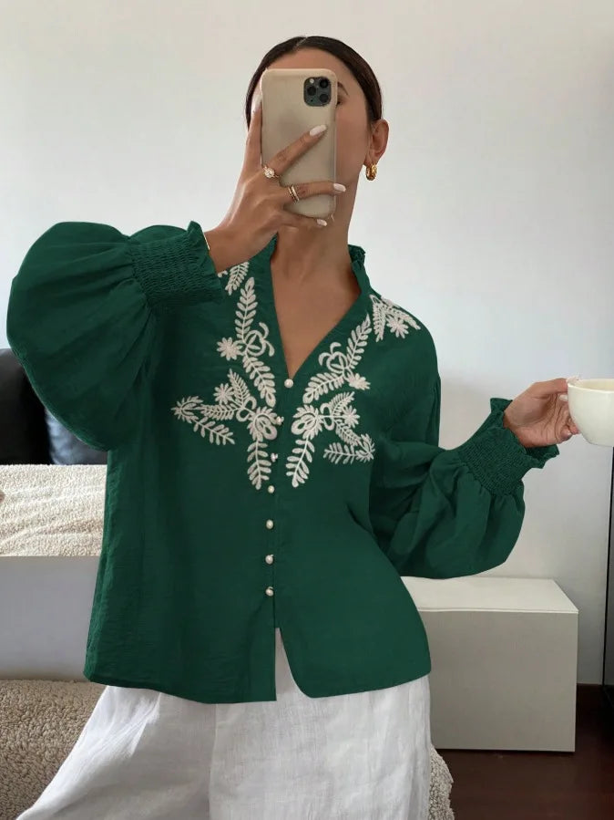 Women Autumn Single Breasted V-neck Blouses and Shirts Ladies Casual Embroidery Long Sleeve Shirt Tops
