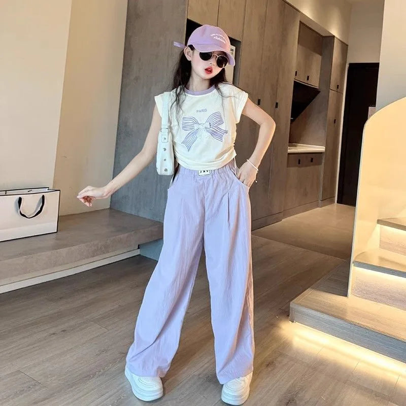 Teen Girls Summer Clothes Color Matching Cartoon T-shirt Trousers Two-piece Suit New Korean Style Sports Suit Children Outfit