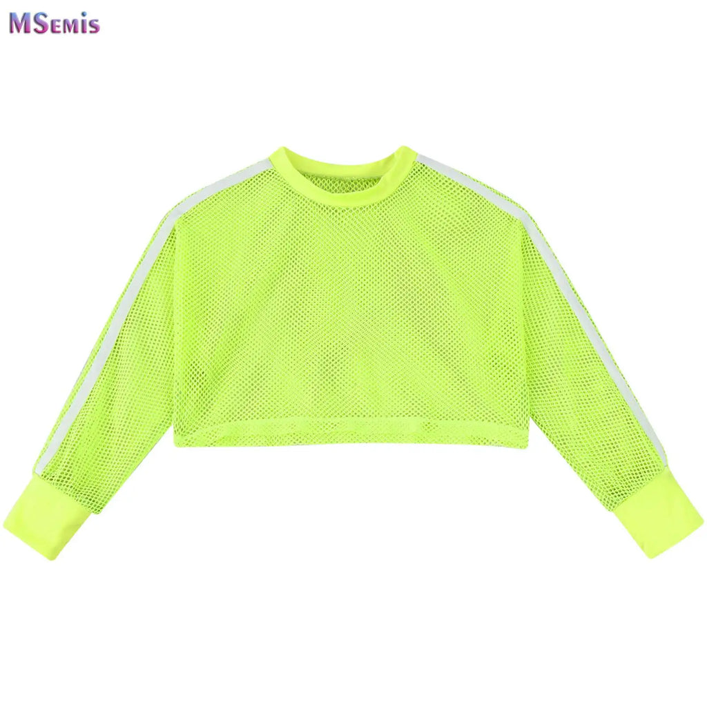 Kids Girls Fishnet T-shirt Hip Hop Street Dance Tops Long Sleeve Round Neck Hollow Out Mesh Crop Top for Workout Gym Sportswear