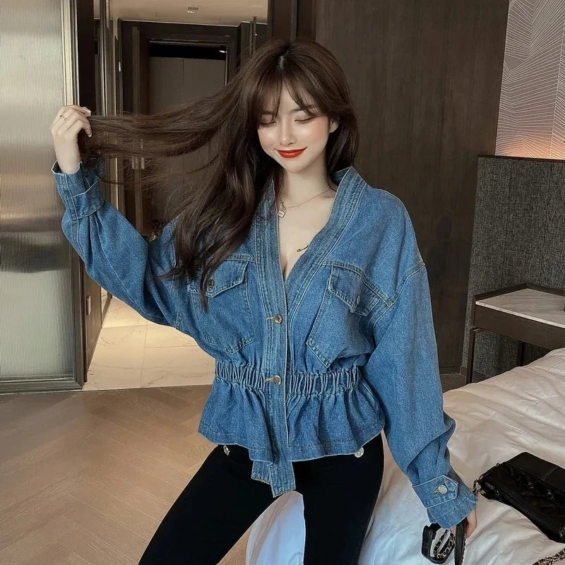 Jean Jacket V-neck Pleated Waist Slim Coat Women's Autumn Korean Fashion Personalized Irregular Shirt Loose Casual Denim Tops