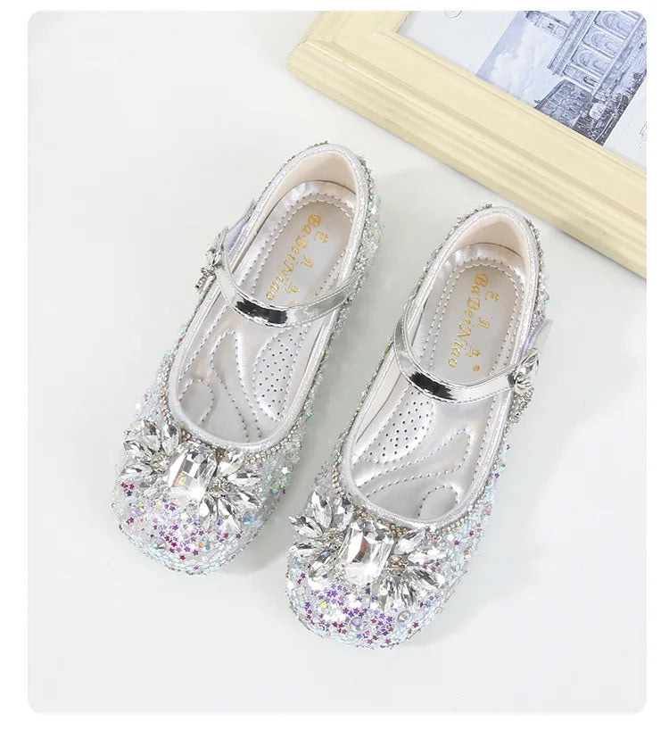 Girls Leather Shoes Fashion Flat Child New Sequin Flash Single Shoes Little Kids Crystal Princess Footwear Wedding Party Shoes