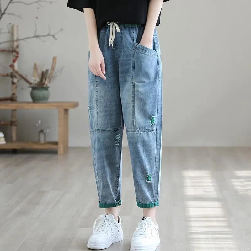 Nine Point ripped Jeans For women Summer 2025 new Loose Thin Elastic waist Casual Harem pants Female denim Ankle Length pants