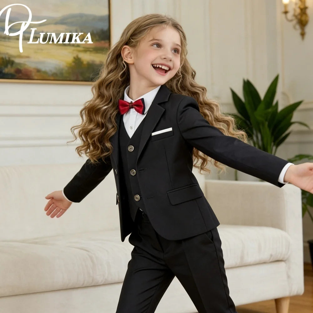 Girls Black 4 Piece Slim Fit Suit Set Jacket Vest Pants Bowtie Classic Elegant Formal Wear For Wedding Performance Prom Ages 2