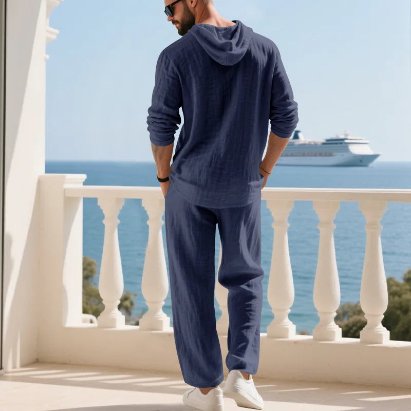 Men's Linen Hooded Sets 2 Piece Outfit Summer Casual Long Sleeve Hoodie and Wide Leg Pants Set for Men
