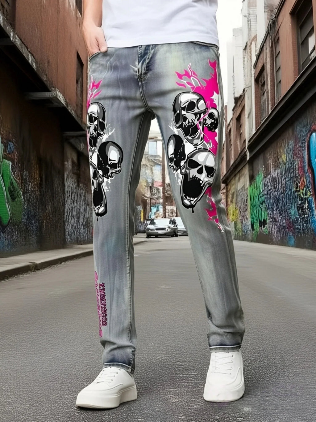 Men's Jeans With Fashionable Devil Print  High Waisted and Wide Leg Style  Enjoy Promotional Discount With Free Shipping