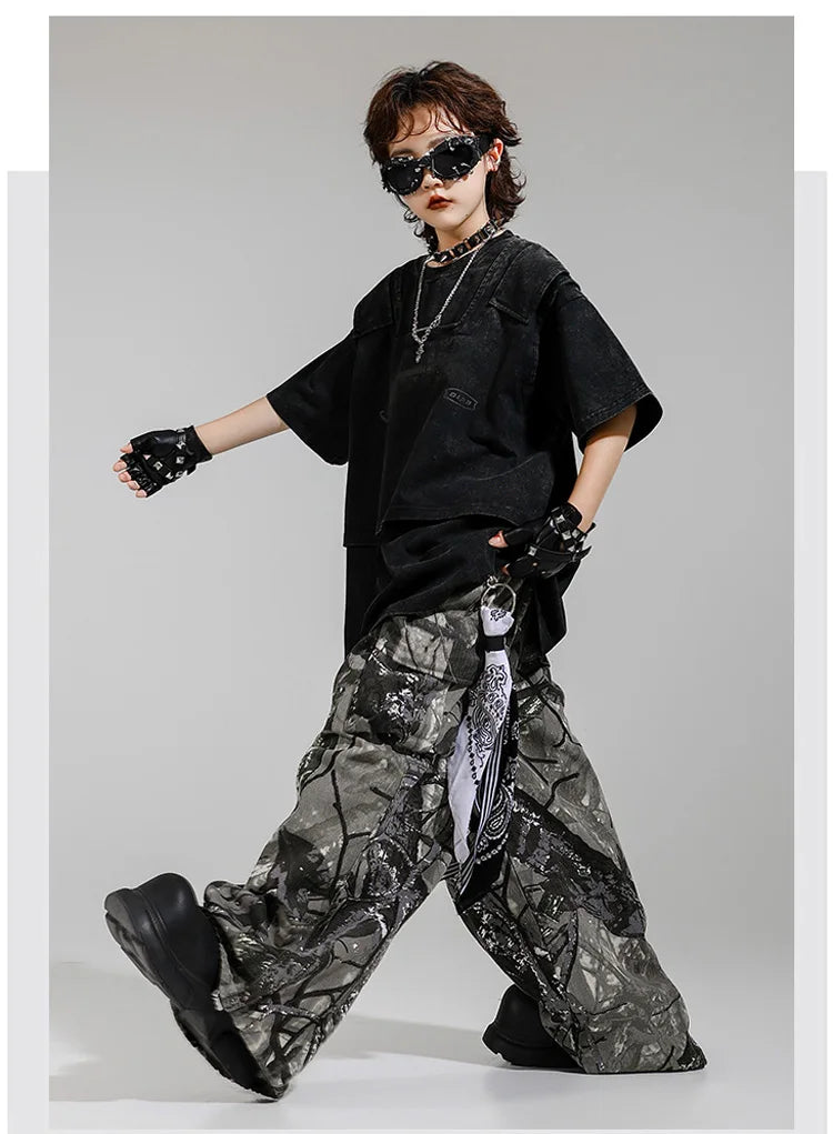 Kid Kpop Clothing Fake-2-Piece T Shirt Leaf Print Streetwear Harajuku Hip Hop Jeans for Girl Boy Jazz Dance Costume Clothes