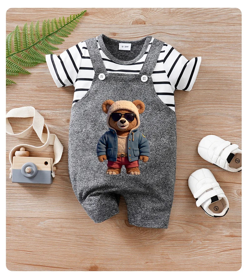 Summer short-sleeved 2-piece bear patterned striped round-neck romper for baby boys and girls in deep grey.