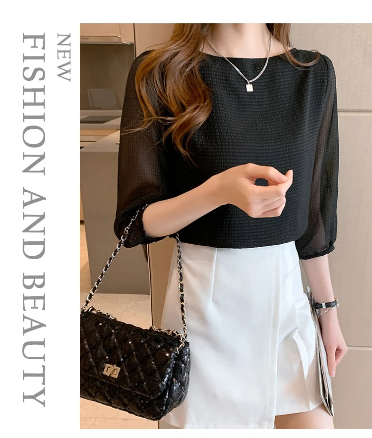 Blusas Para Mujer 2026 New Women Blouse Shirt O-Neck Black Chiffon Blouse Shirt Women Tops Blouses Shirts Blusas Camisas E474