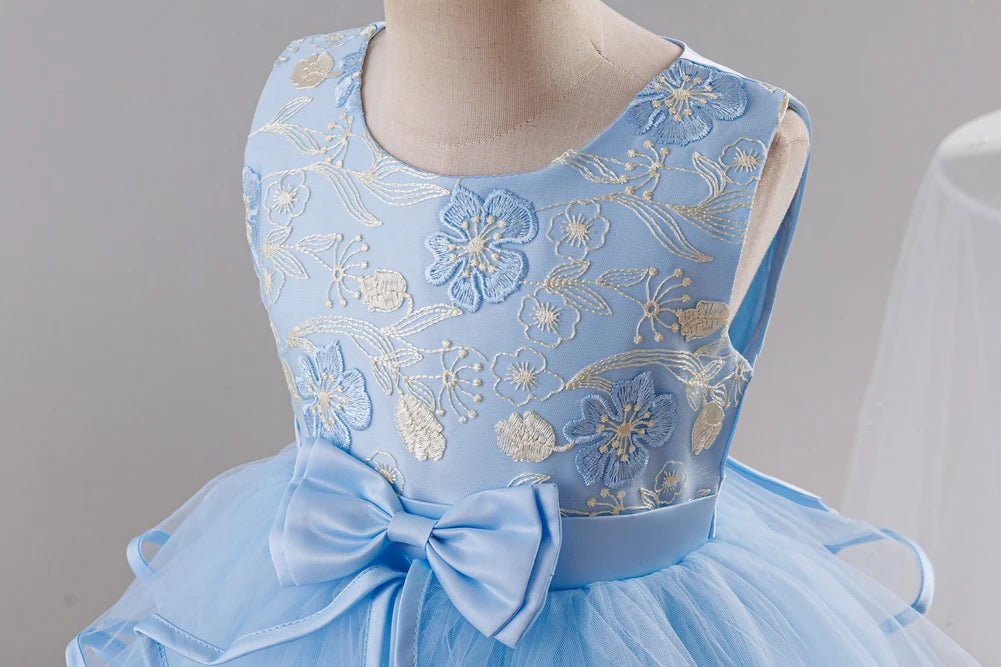 Girls Princess Dress Sleeveless Lace Embroidery Tiered Tulle Bow Formal Evening Gown for Wedding Birthday Party Christmas