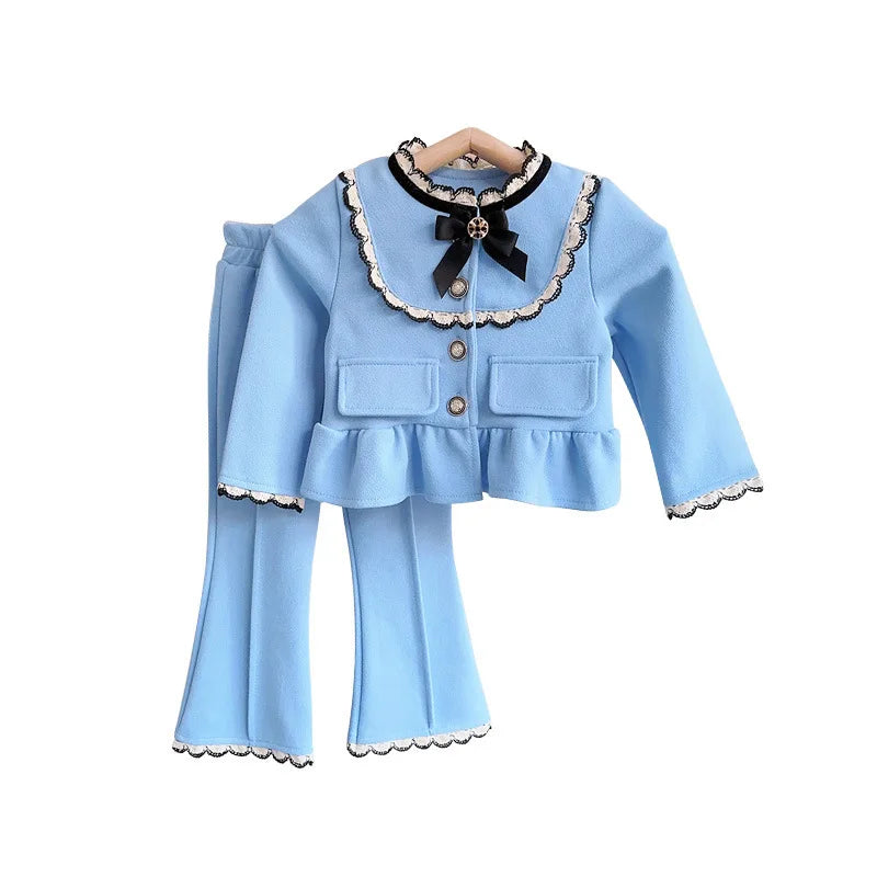 Girls Set 2024 Spring Autumn Girls Treasure Bow Two Piece Set Baby Coat Pants Blue Two Piece Set