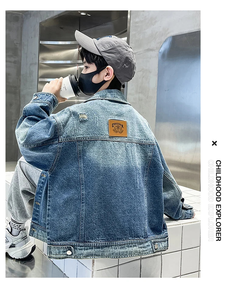 Kids Luxury Clothing Black Blue Denim Jacket for Teenage Boy Spring Autumn Ripped Denim Jacket Coat Child Casual Outfit Age 5-14