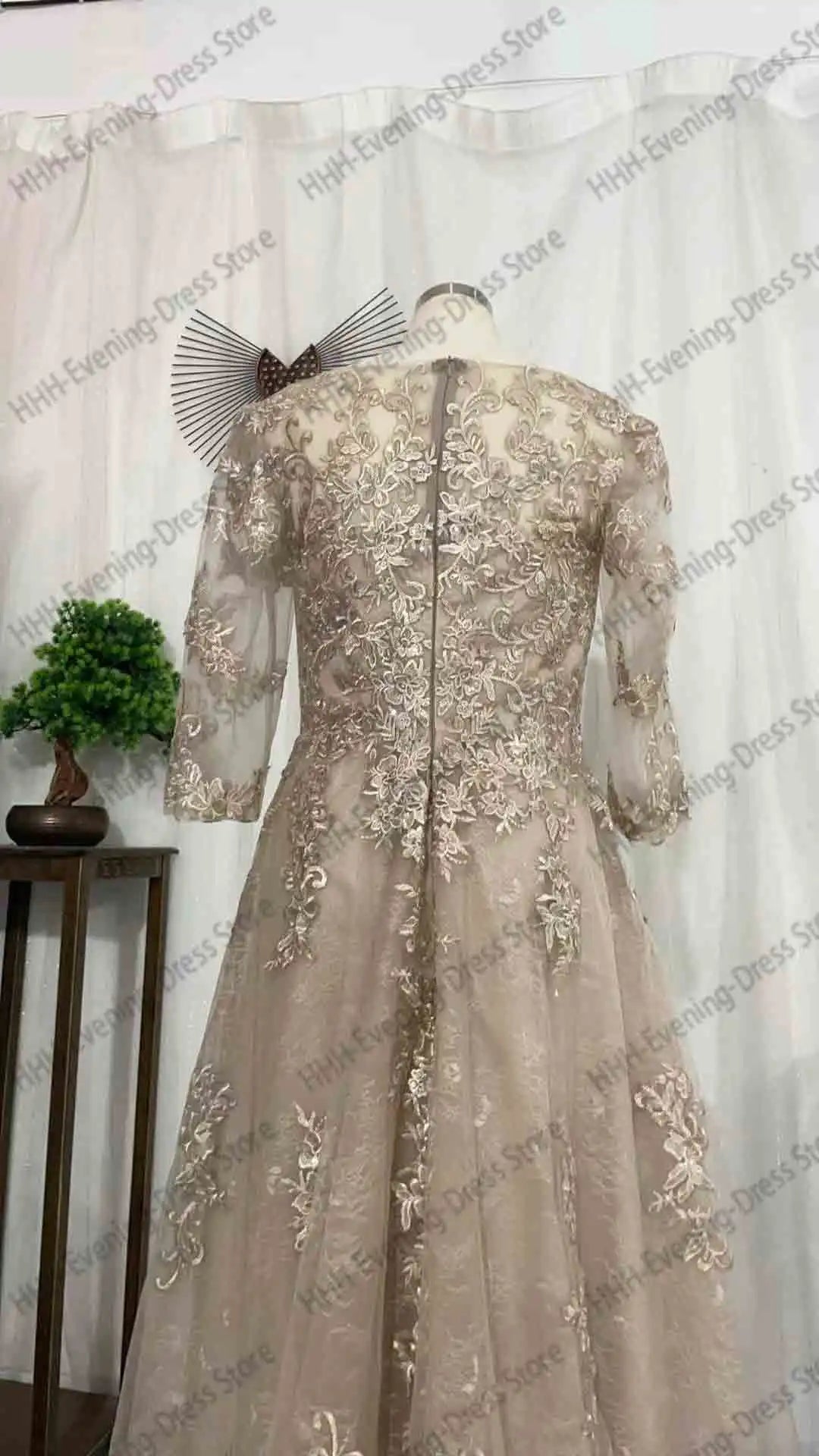 Women's Elegant Evening Dress Prom Dress Formal Gown Boat Neck 3/4 Sleeves Lace Applique Draped A-line Cocktail Dress Customized