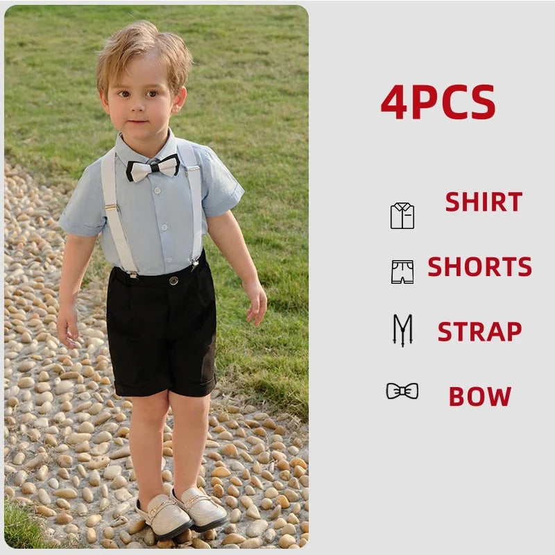 Kid Formal Strap Shirt Shorts Bowtie Clothing Set Gentleman Baby Toddler Tracksuit Elegant Boys Outfit Suit For Wedding Children