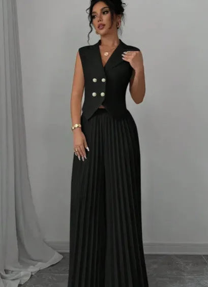 Elegant Formal Women Vest Trousers 2 Pieces Spring New Fashion Retro Wide-leg Pleated Pants Slimming Sleeveless Vest Female Set