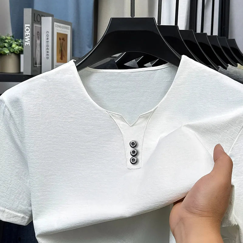 Three Button V-neck T-shirt Men 2026 New Men's Business Casual Short Sleeve Tshirt Korean Style Summer Comfortable Versatile Top