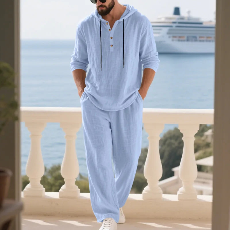 Men's Linen Hooded Sets 2 Piece Outfit Summer Casual Long Sleeve Hoodie and Wide Leg Pants Set for Men