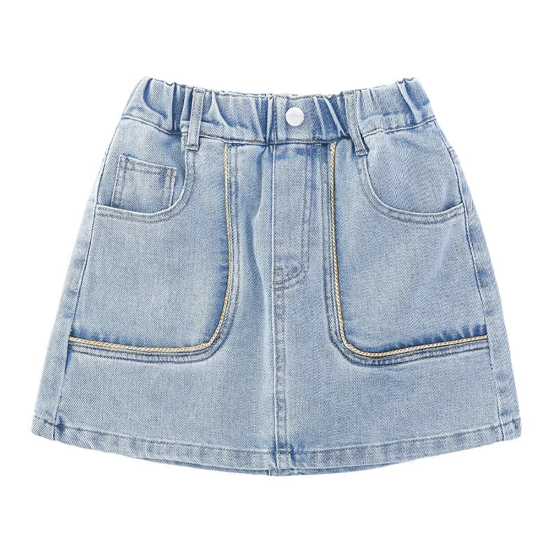 Korean Style Children Denim Mini Skirt with Inner Shorts For Girls Fashion Streetwear Summer Slim Fit Skirts with Pockets Front