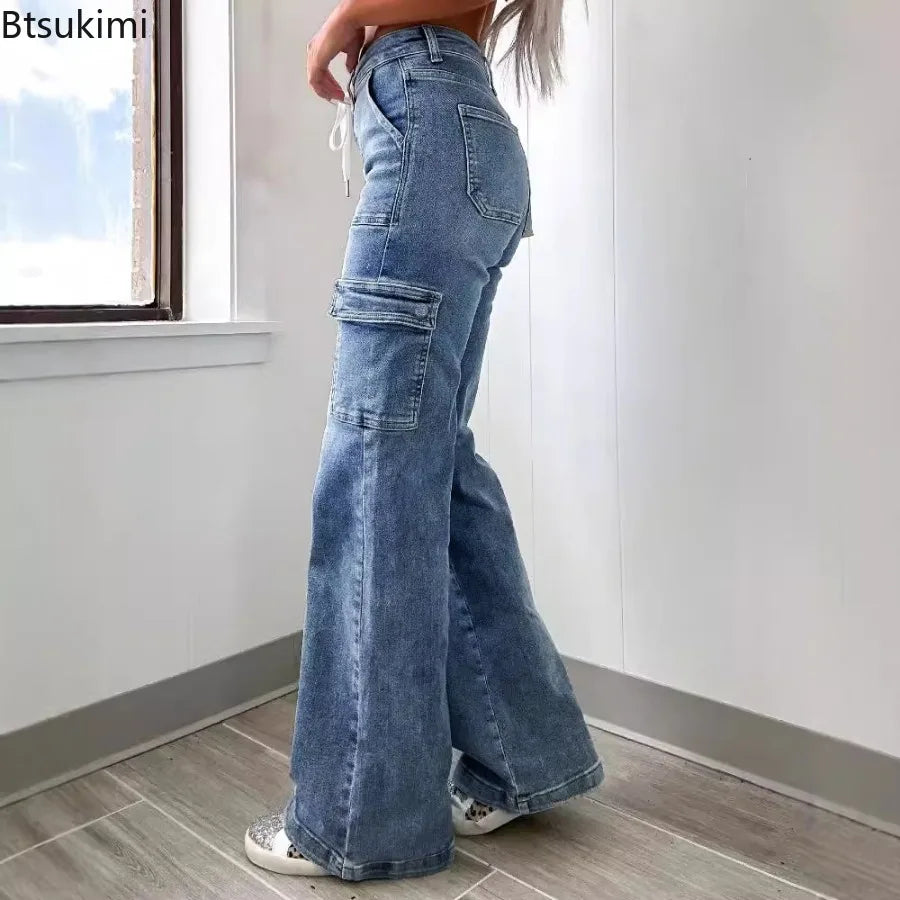 2026 Women's Casual Straight Leg Jeans Pants Fashion Style Belt and Multiple Pockets Functional Work Pants Female Cargo Trousers