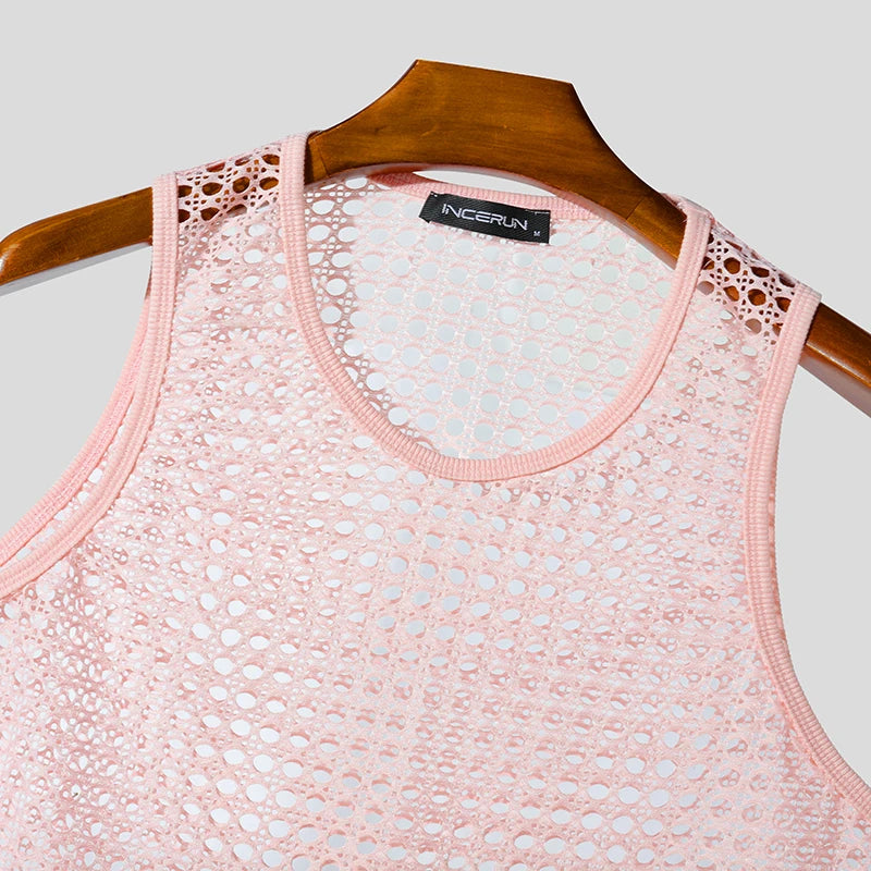 Summer Men Tank Tops Mesh Transparent O-neck Sleeveless Male Vests Sexy Vacation INCERUN 2025 Streetwear Fashion Men Clothing