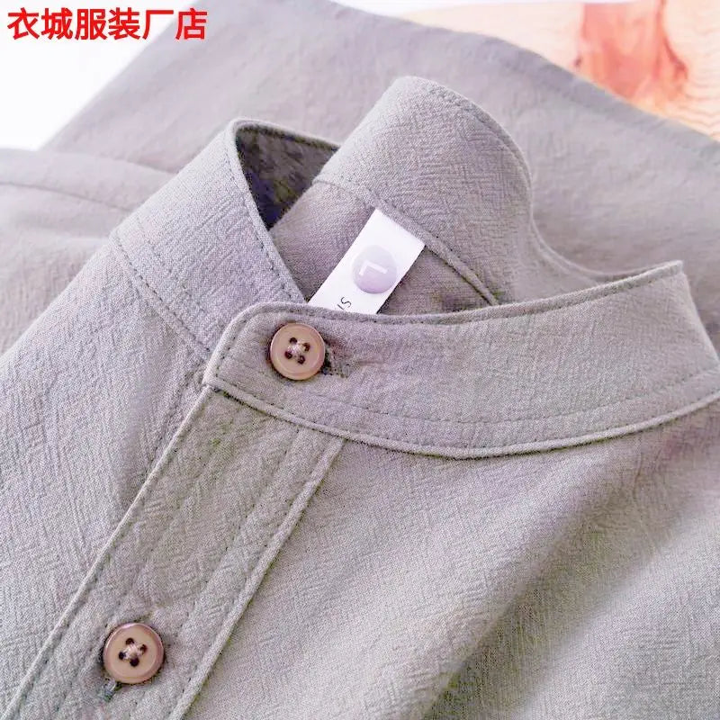 2026 Japanese Stand-up Collar Short-sleeved Shirt Men's Henry Collar Cotton Linen Round Neck Five-point Sleeve T-shirt