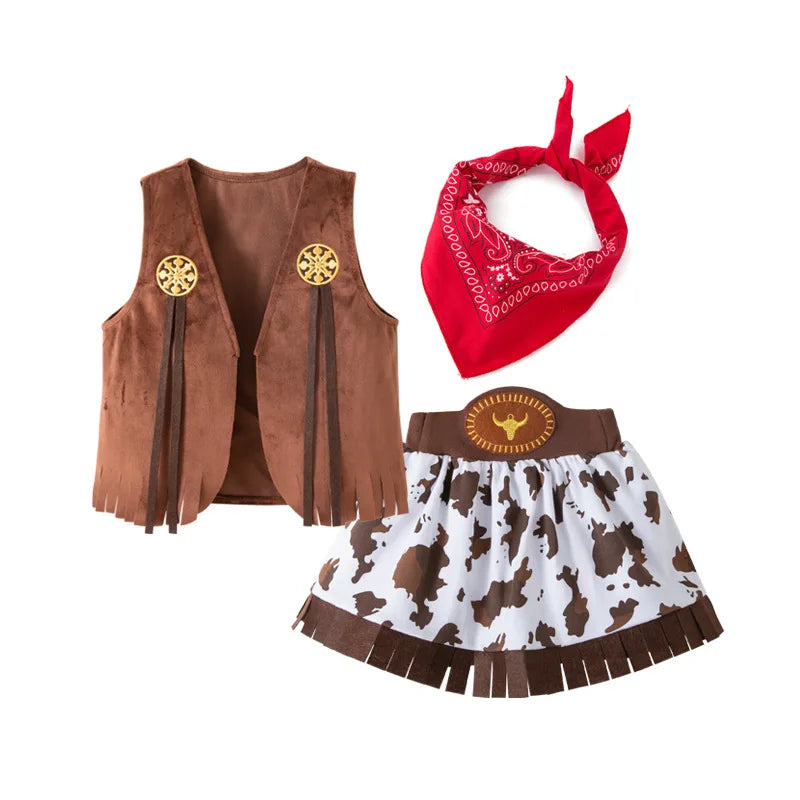 2025 Kids Toddlers costume cowgirls Cosplay 3pc suit purim event Holiday BIRTHDAY outfits Hat Scarf Shirt waist coat Skirt