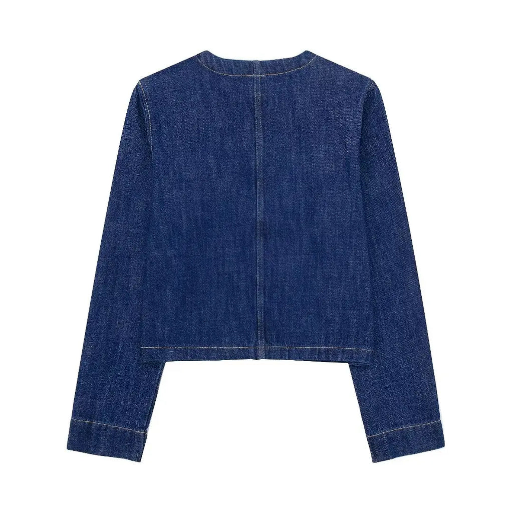 HH 2024 Spring Women 2 Piece Denim Trousers Suits Solid O Neck Coat Top + Pockets Elegant Female Straight Wide Leg Long Pant