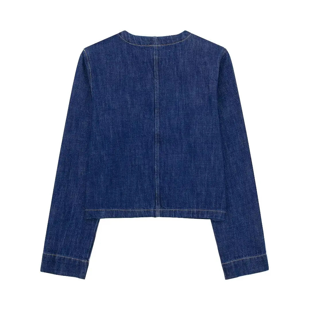 HH 2024 Spring Women 2 Piece Denim Trousers Suits Solid O Neck Coat Top + Pockets Elegant Female Straight Wide Leg Long Pant