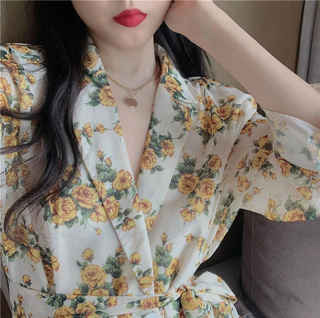 Women's Shirts And Blouses Button Up Top For Woman With Bow Clothing Floral Loose Sleeves Y2k Elegant Youth Xxl Stylish M