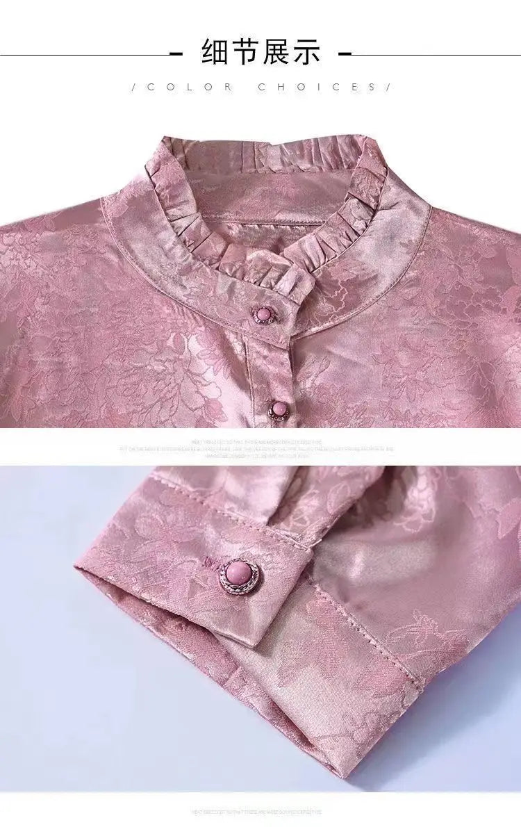 Premium Satin Blouse Women Spring Age-Reducing Print Loose Long Sleeve Top Fashion Elegant Collar Shirt