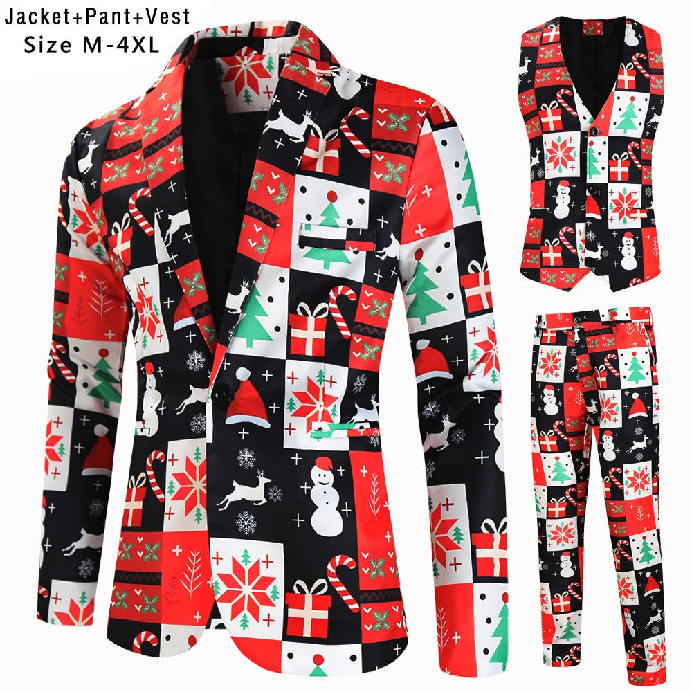 New Men's 3 Piece Christmas Sets Blazers+Vest+Pants 2026 Xmas Printed Men Suit Set Party Stage Dress Up Style Costume Streetwear