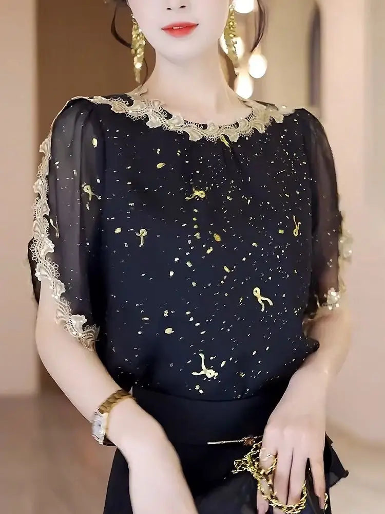 Elegant Blouses for Women Thin Summer Casual All-match Black Sheer Mesh O-neck Streetwear Middle Age Female Fashion Loose Chic