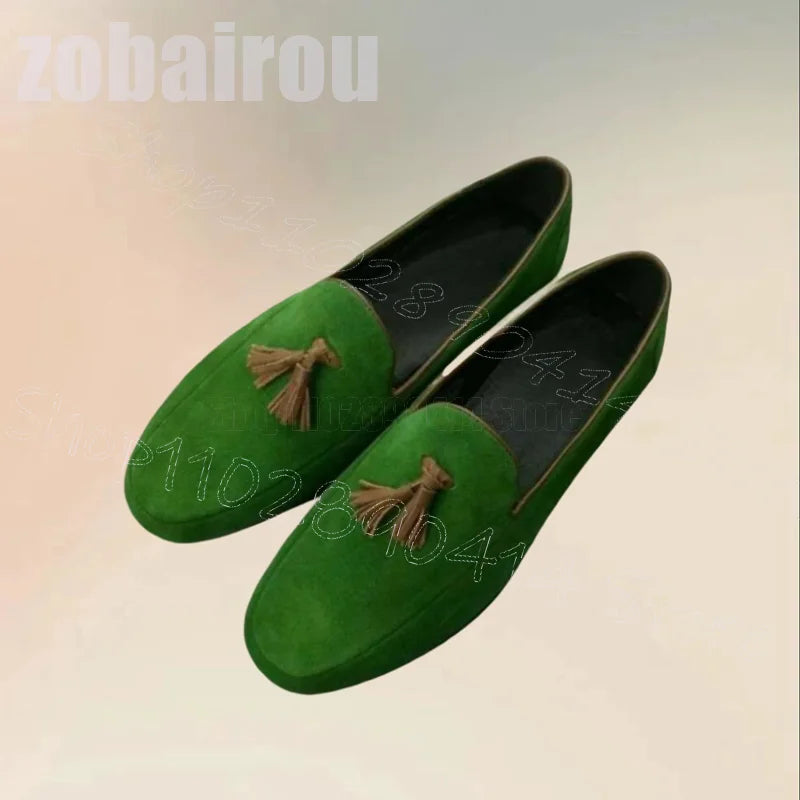 Green Suede Brown Tassels Decor Penny Loafers Fashion Slip On Men Shoes Luxurious Handmade Party Banquet Dating Men Casual Shoes