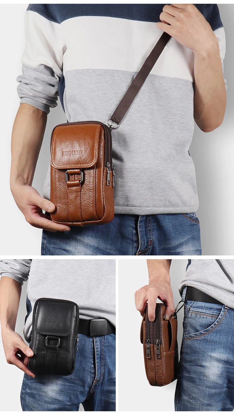 Men's Mobile Phone Waist Bag Outdoor Work Chest Bag PU Cigarette Case Key Chain Wear Belt Backpack Sport Hiking Portable Satchel