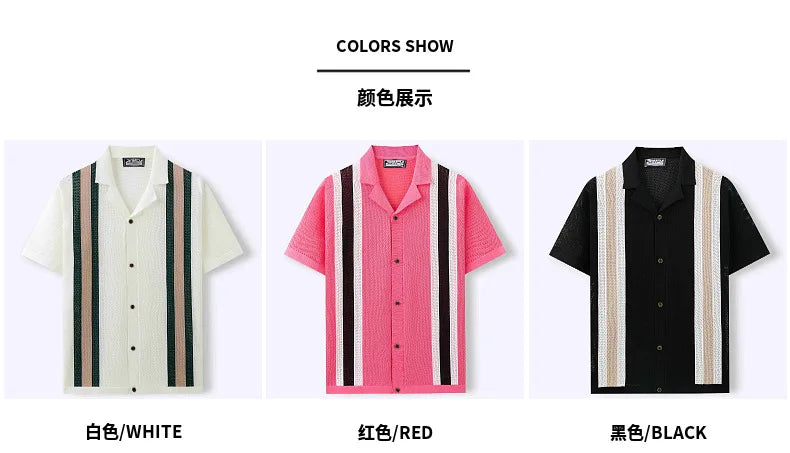 Summer New Knitted Shirts for Men Fashion Cuban Collar Business Casual Social Polo Shirts Knit Cardigans Men Clothing Streetwear