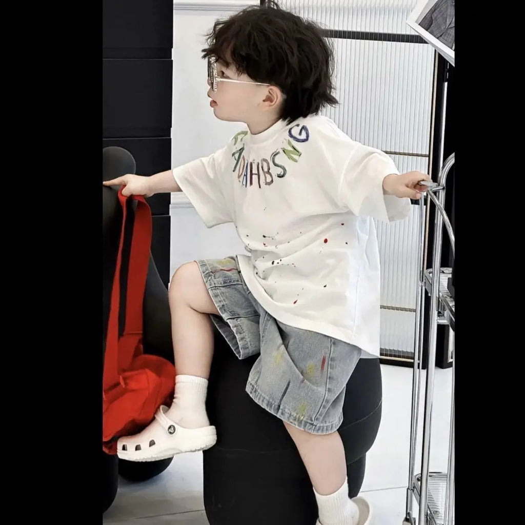 Baby Boys Summer Sportswear.Suit 2025 New Children Streetwear kid Boy Short Sleeve T Shirt + Denim Shorts 2PCS Set Outfits 2-10Y