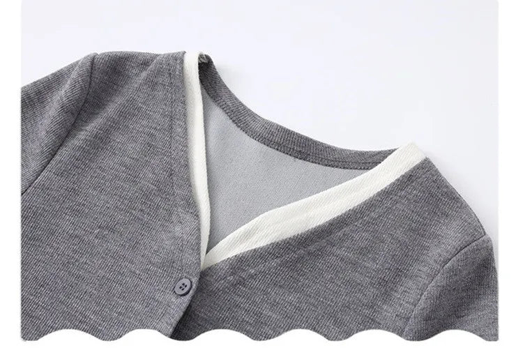 Korea Style Girls Casual Clothing Sets Single Button V-Neck Fake Splice Top and Pants Two Pieces Grey Khaki Kids Teenage Outfits