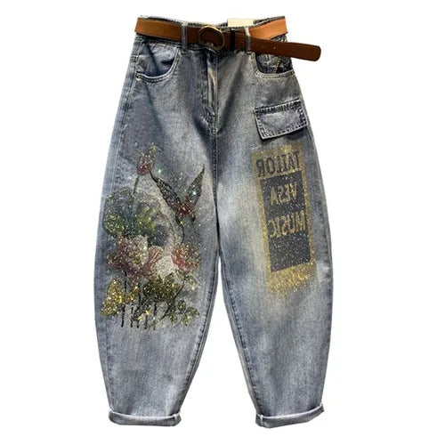 Baggy Jeans Women Printed Rhinestones Jeans Mujer 2023 Spring New Loose Casual Cropped Pants Ankle-Tied Harem Pants Female