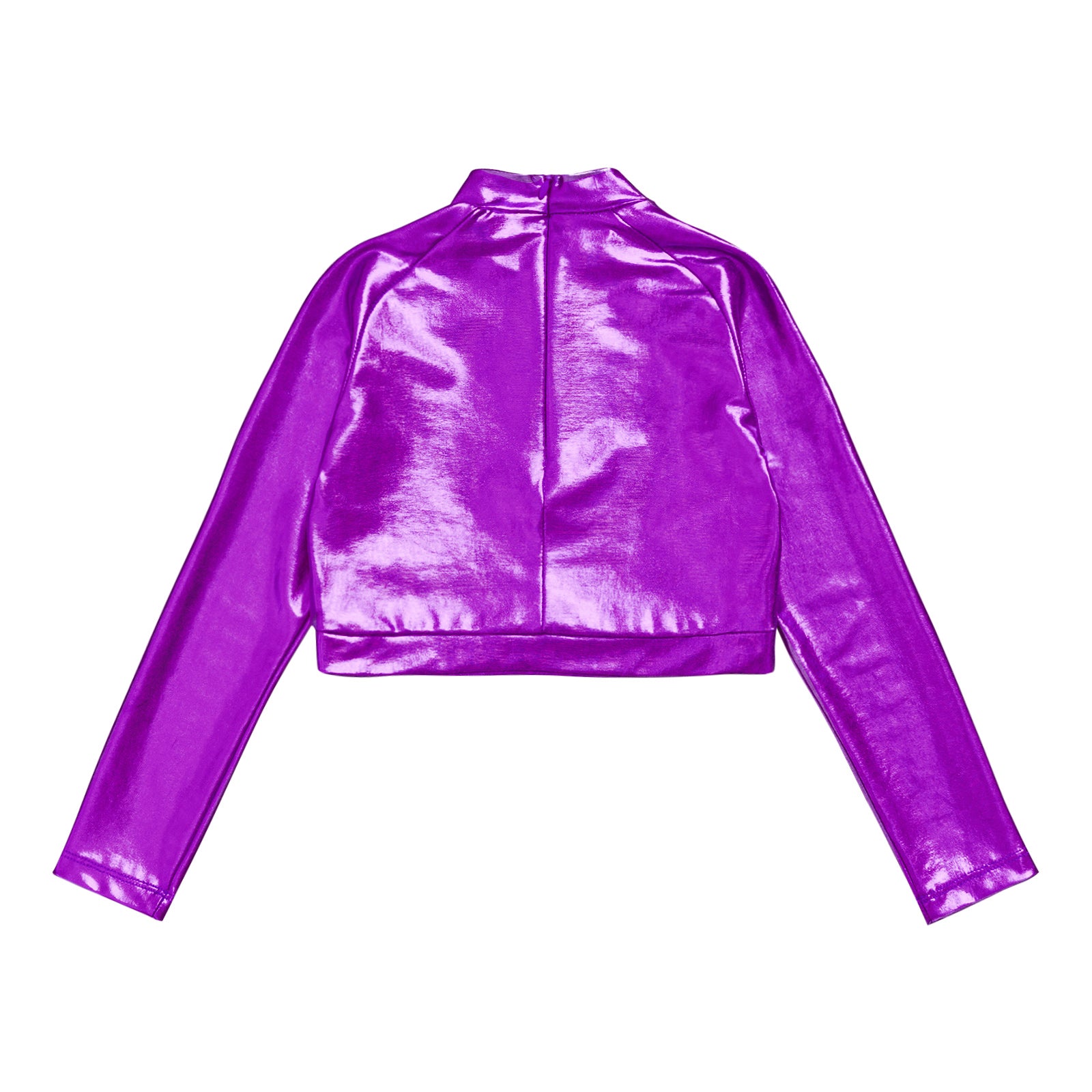 Kids Girls Shiny Metallic Crop Top Mock Neck Long Sleeve Front Sequin Fully Lined Athletic T-Shirts Jazz Hip-hop Dance Tops
