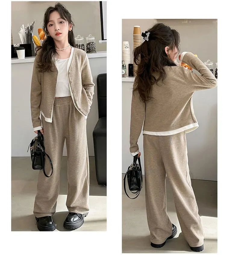 Korea Style Girls Casual Clothing Sets Single Button V-Neck Fake Splice Top and Pants Two Pieces Grey Khaki Kids Teenage Outfits