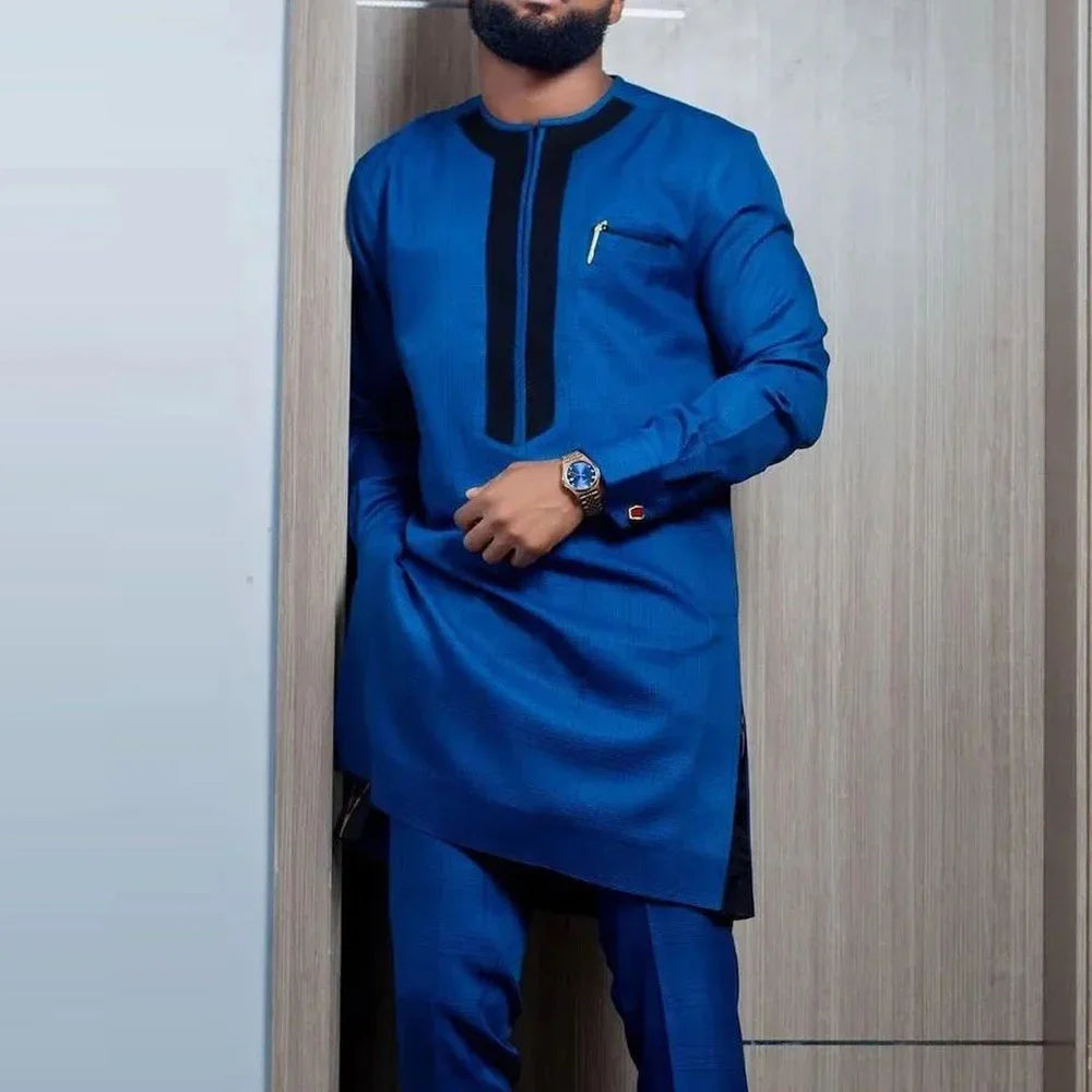 African Traditional Men Suit Printed Shirt Top Elastic Waist Pants White Wedding 2 Piece Set Outfits Ethnic Style Costumes